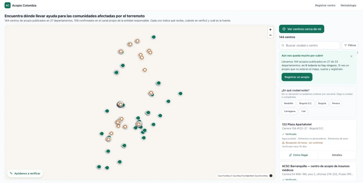Acopio Colombia: screenshot of the live product