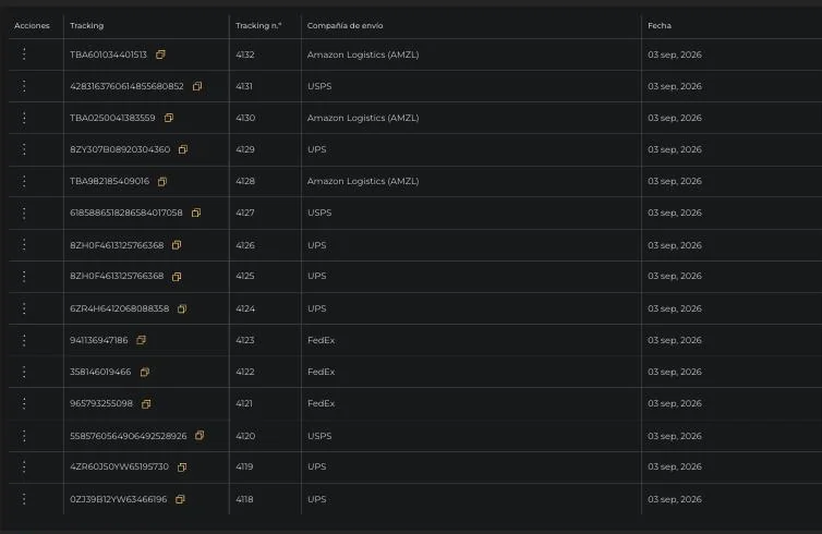 Tracking register: every shipment logged with its carrier and date, searchable, filterable and exportable