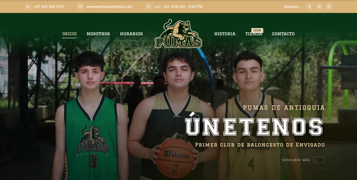 Pumas de Antioquia: screenshot of the live product